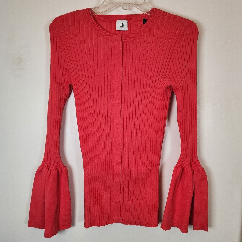 Cabi Style 5285 Cardigan Sweater Red Trumpet Sleeve Ribbed Snap Button Size‎ S
